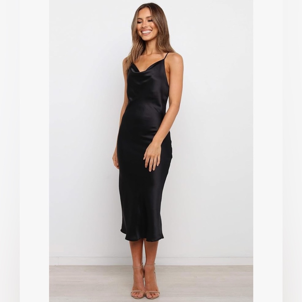 Satin Cowl Neck Slip Dress - Black